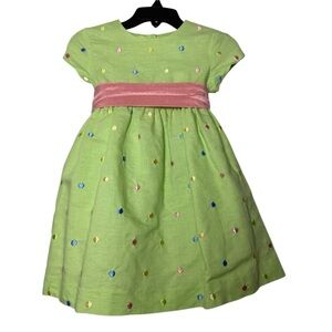Talbots Light Green Dress with Pink Sash and Multicolor Dots-Size 12 months